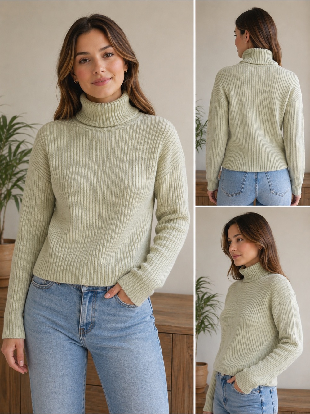 Coldwater Creek XS Green Ribbed Turtleneck Sweater | Cotton Knit